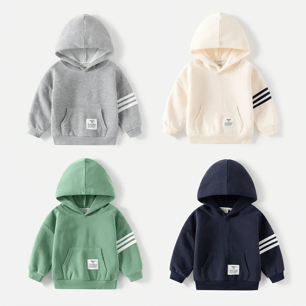 Kid's fleece-lined hooded sweatshirts with white stripes; colors: gray, beige, light green, and navy. Style SF3101, warm and trendy.